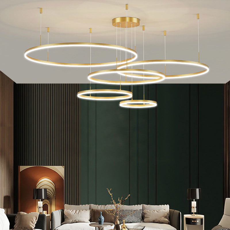 Suspension LED cercles multiples en métal noir doré ou moka pour salon salle à manger chambre dimable | Koossa