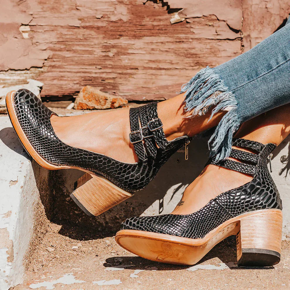 Women's Leather Court Shoes with Double Ankle Straps and Block Heel for All-Day Elegance and Comfort | Koossa