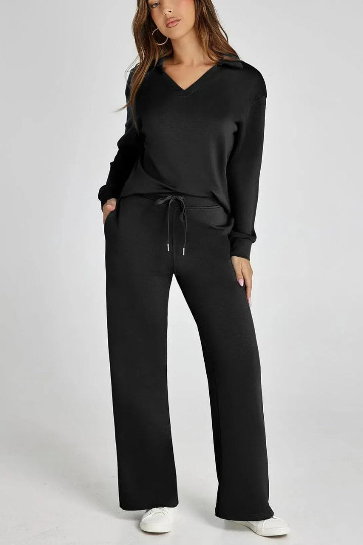 Women's Two-Piece Lounge Set V-Neck Collared Top Wide-Leg Trousers Drawstring Waist Relaxed Fit Comfortable Loungewear Casual Weekend Wear Timeless Minimalist Style | Koossa