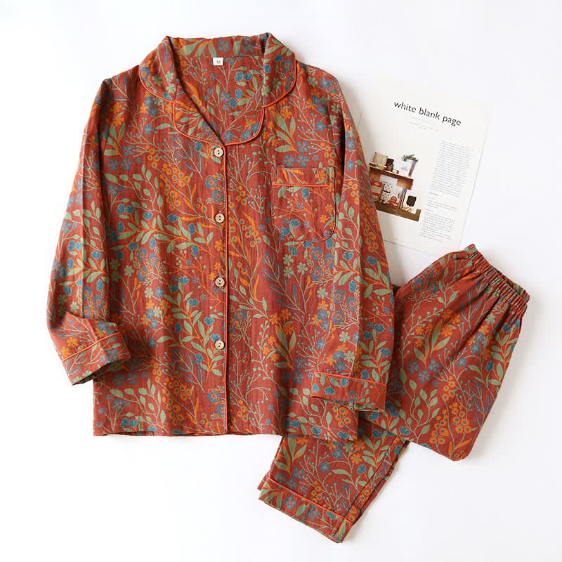 Women's Cotton Pajama Set with Button-Down Top & Pants, Leaf Jacquard Print, Two-Piece Loungewear, Sleepwear Set for Home | Lonoma