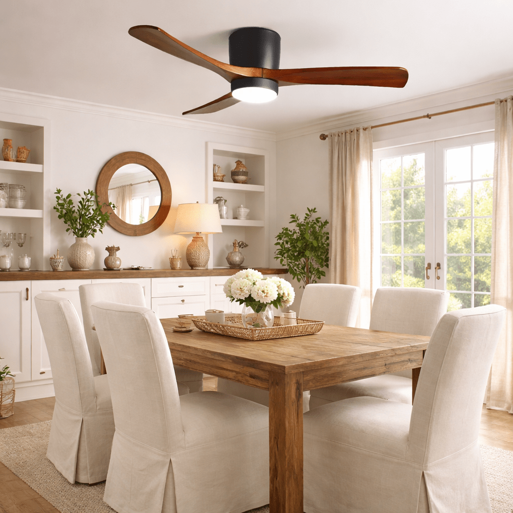 Ventilateur de plafond lumineux lames bois naturel design nordique silencieux économe chambre salon moderne | Koossa
