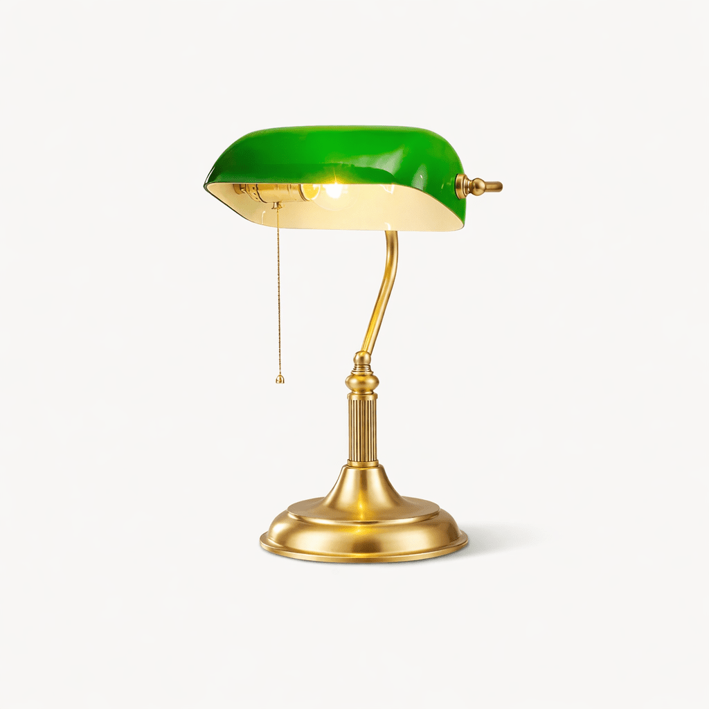 Classic Banker Desk Lamp with Green Glass Shade — Traditional Vintage Style Brass Table Light for Home Office, Library, Study, Bedroom | Lonoma