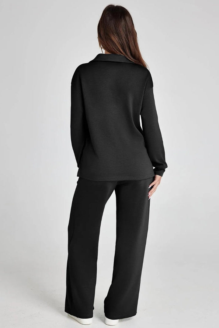 Women's Two-Piece Lounge Set V-Neck Collared Top Wide-Leg Trousers Drawstring Waist Relaxed Fit Comfortable Loungewear Casual Weekend Wear Timeless Minimalist Style | Koossa
