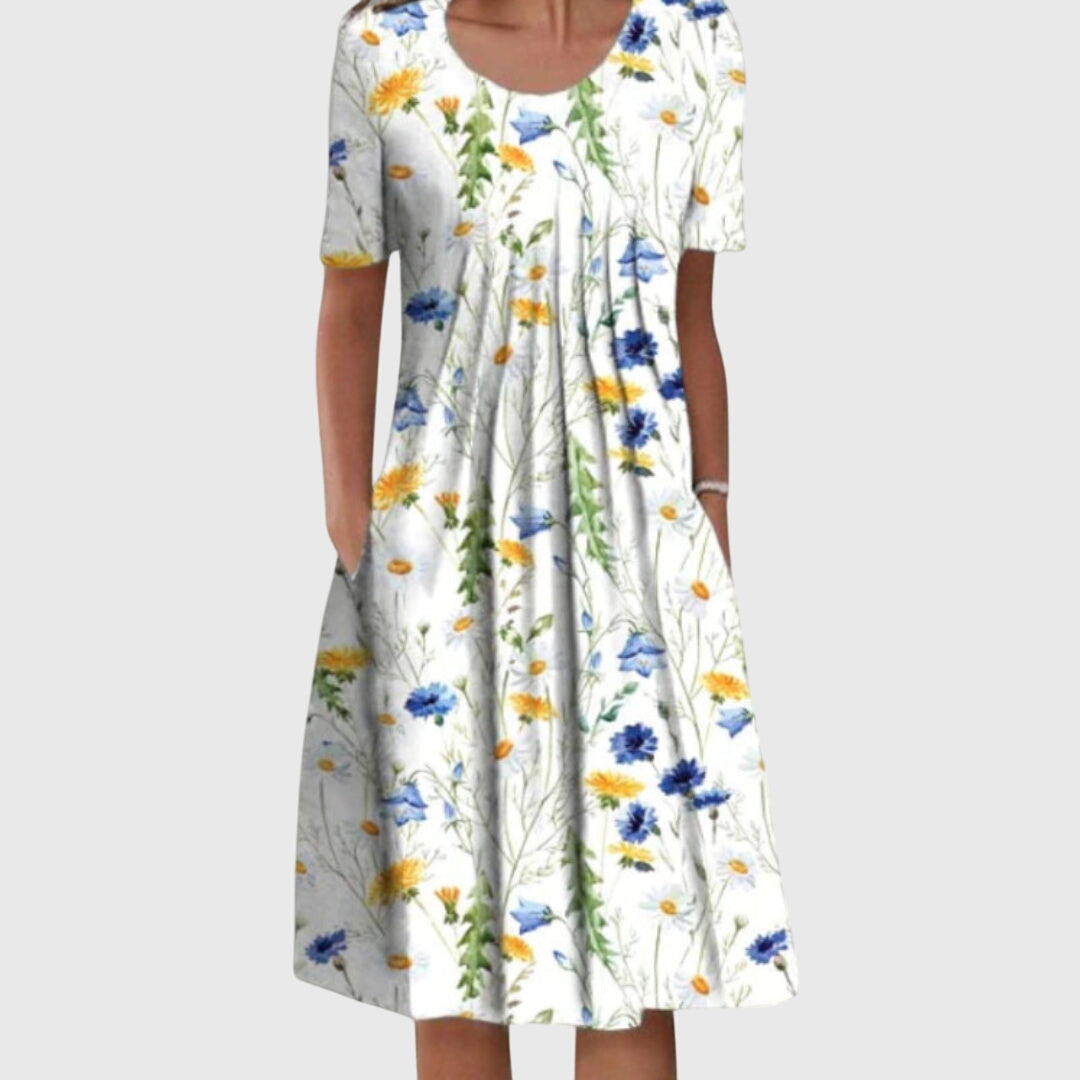 Women's Round Neck Floral Printed Layered Dress in Red, Yellow, and Blue | Classic Elegant Dress for Special Occasions and Everyday Wear | Flattering Fit Tummy Coverage Comfortable Fabric | Koossa