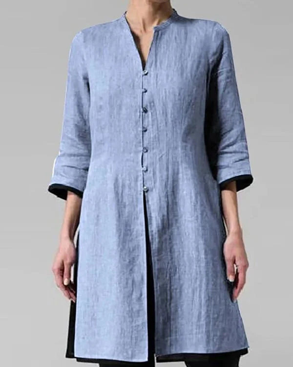 Women's Long-Sleeve Tunic Blouse with Mandarin Collar — Elegant Button-Through Shirt for Office & Casual Wear | Koossa