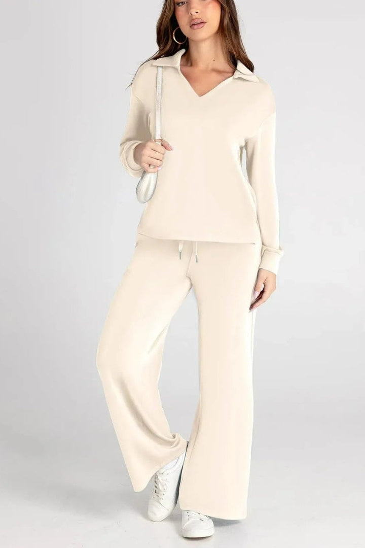 Women's Two-Piece Lounge Set V-Neck Collared Top Wide-Leg Trousers Drawstring Waist Relaxed Fit Comfortable Loungewear Casual Weekend Wear Timeless Minimalist Style | Koossa