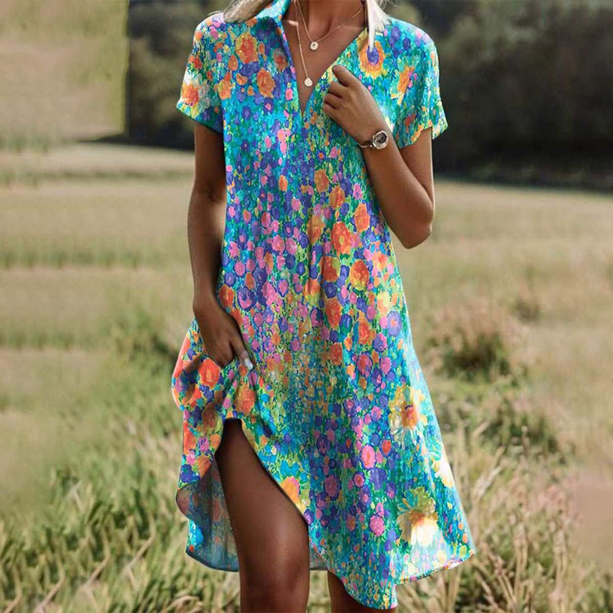 Women's A-Line Cotton Summer Dress with Refined Neckline | Koossa