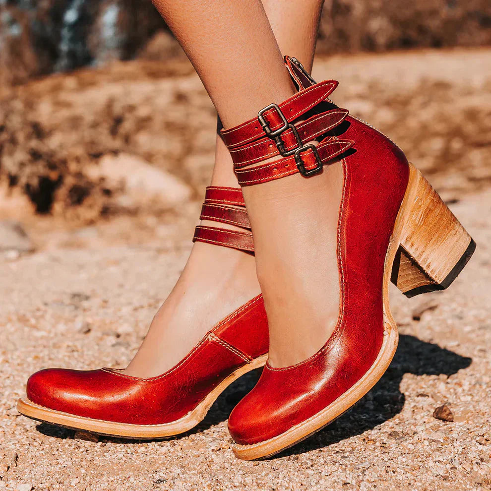 Women's Leather Court Shoes with Double Ankle Straps and Block Heel for All-Day Elegance and Comfort | Koossa