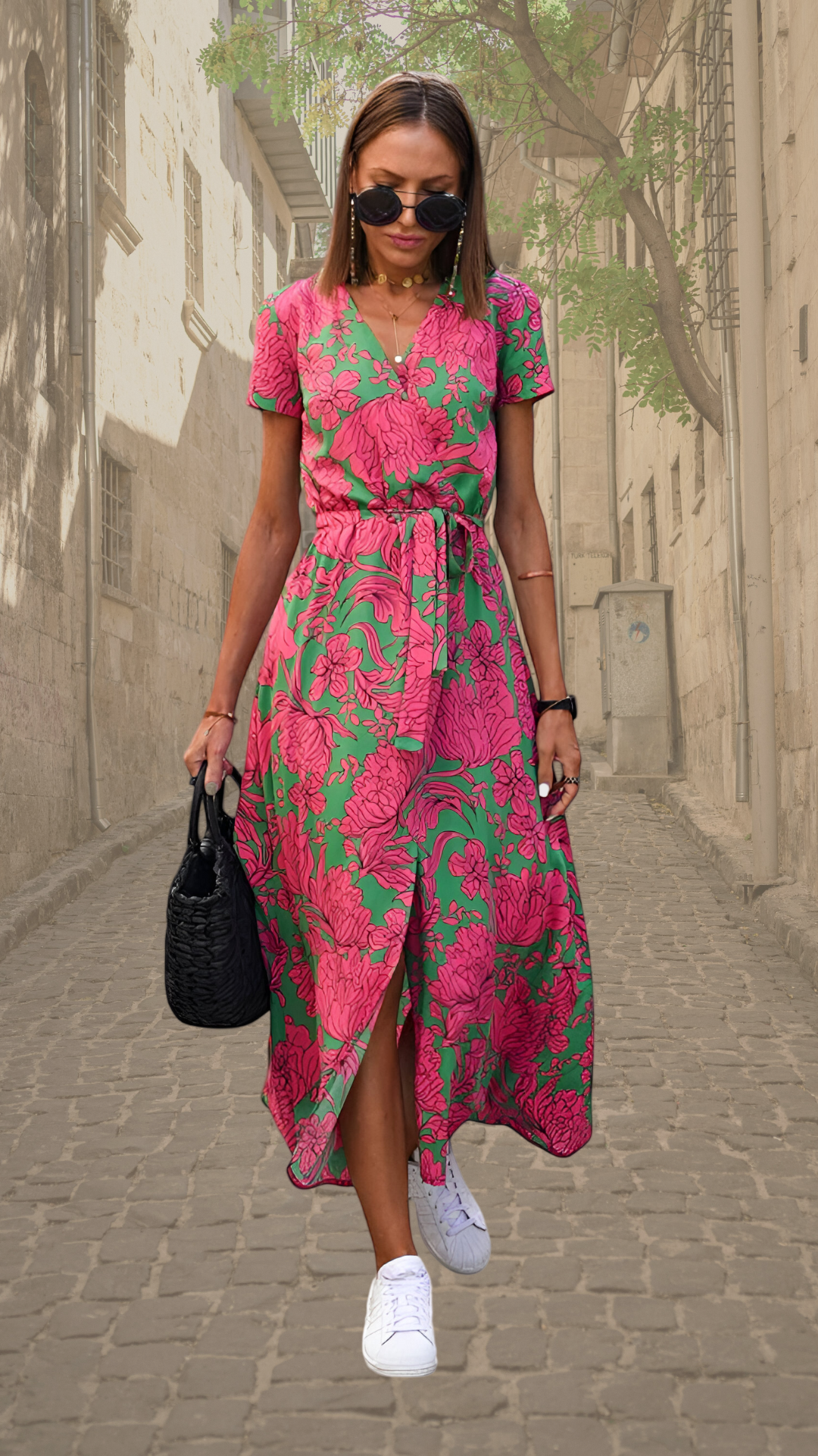 Women's Floral Wrap Maxi Dress in Pink and Green — Elegant Summer Dress for Garden Parties & Special Occasions | Koossa