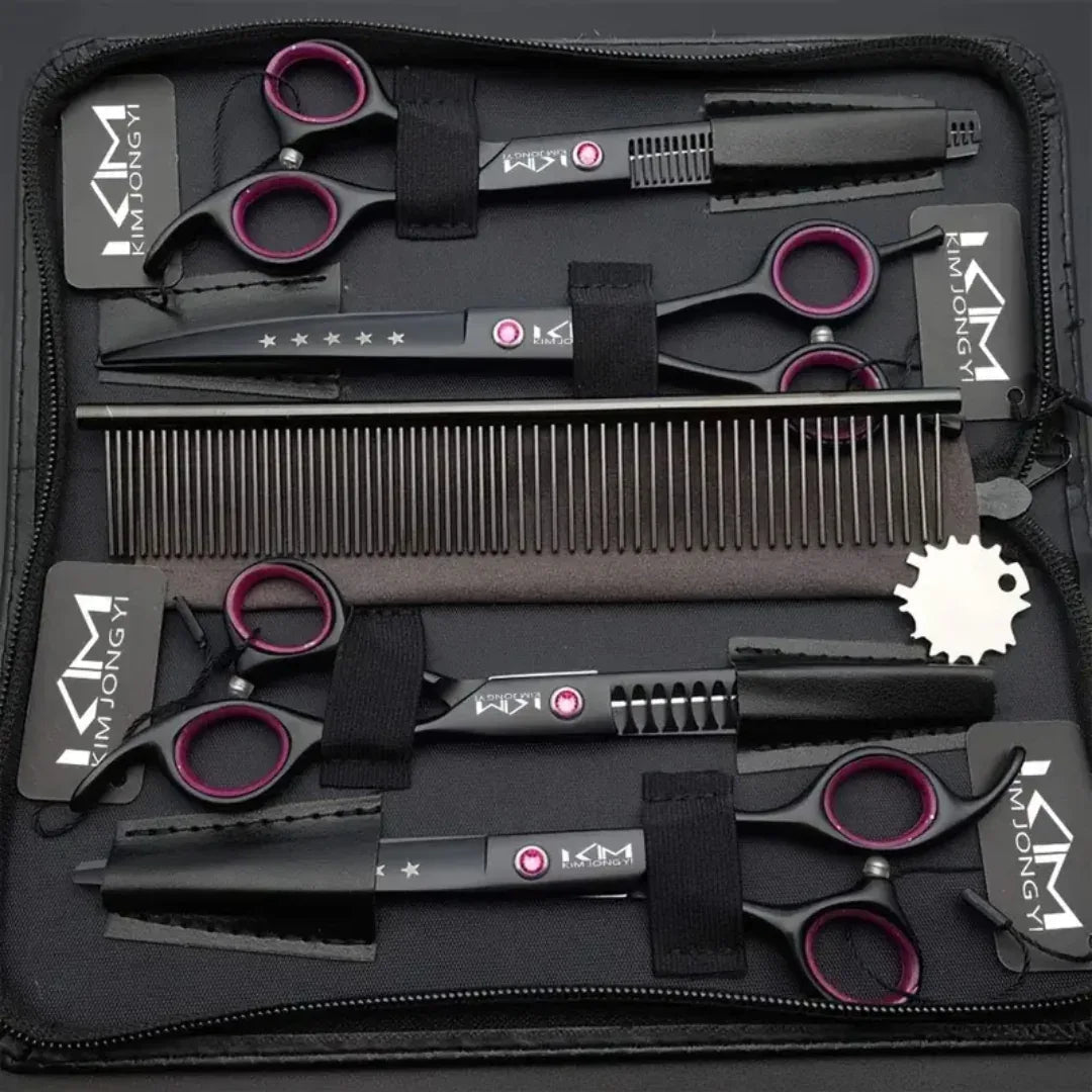 Dog Grooming Scissors Set 4 Piece Professional Trimming Kit Curved Straight Thinning Stainless Steel Ergonomic Safety Case | Koossa