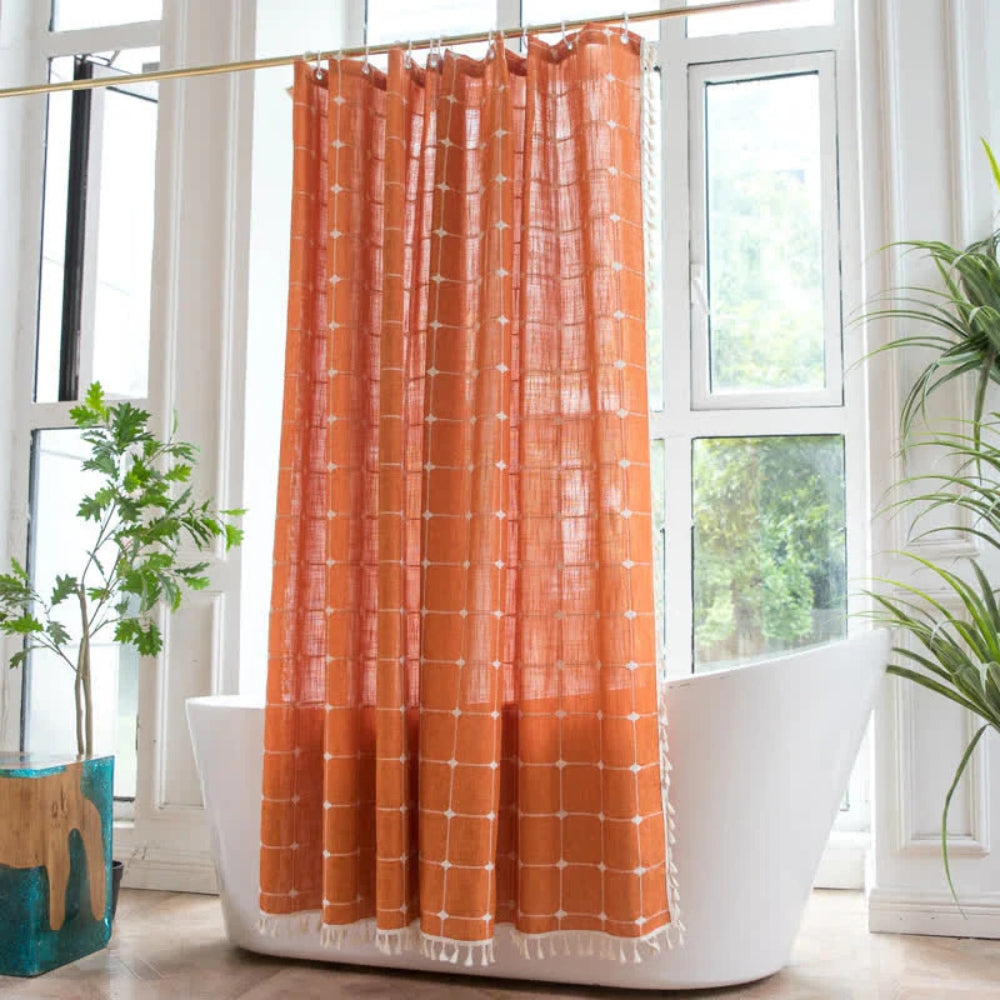 Rideau de Douche Carreaux Coton Lin à Franges Hydrofuge Lavable Machine Cabine Standard XXL Salle de Bains | Koossa