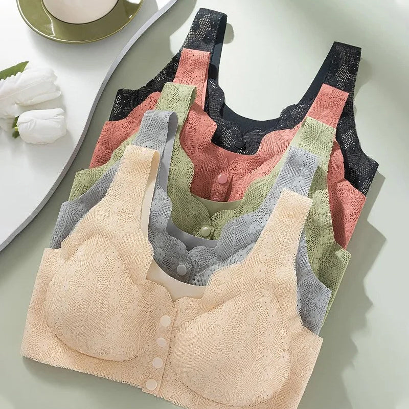 Front Closure Wireless Bra for Women, Soft Support, Stretch Nylon Fabric, Easy Button Front Comfort Bra for Everyday Wear | Lonoma