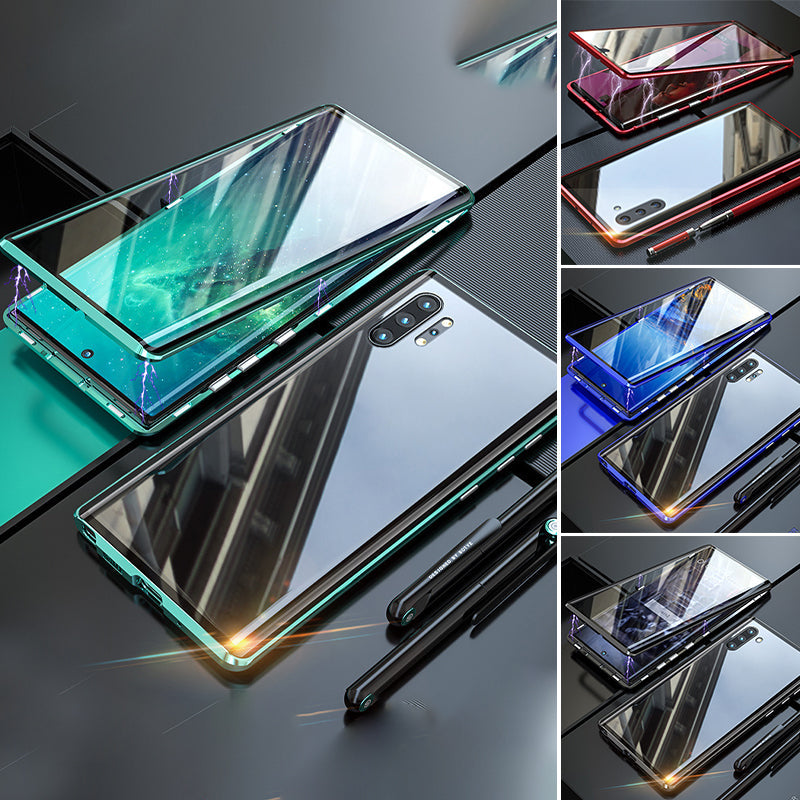 Magnetic Tempered Glass Phone Case, Double-Sided Clear Metal Bumper Cover with Self-Locking Closure for Wireless Charging, Drop Protection | Lonoma