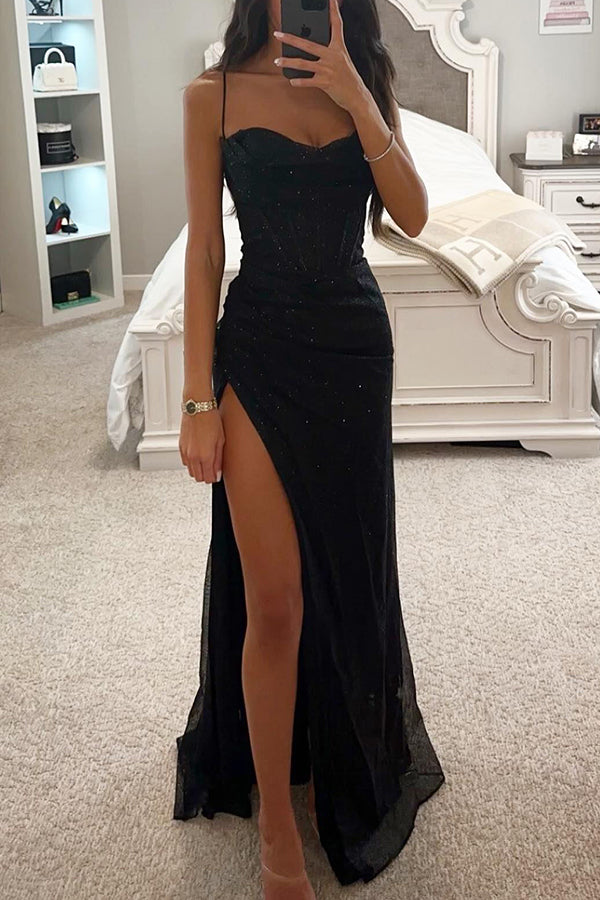 Corset Waist Maxi Gown with Strappy Neckline and Thigh Slit | Formal Evening Dress Wedding Guest Black Green Silver Blue Pink Colour Elegant | Koossa