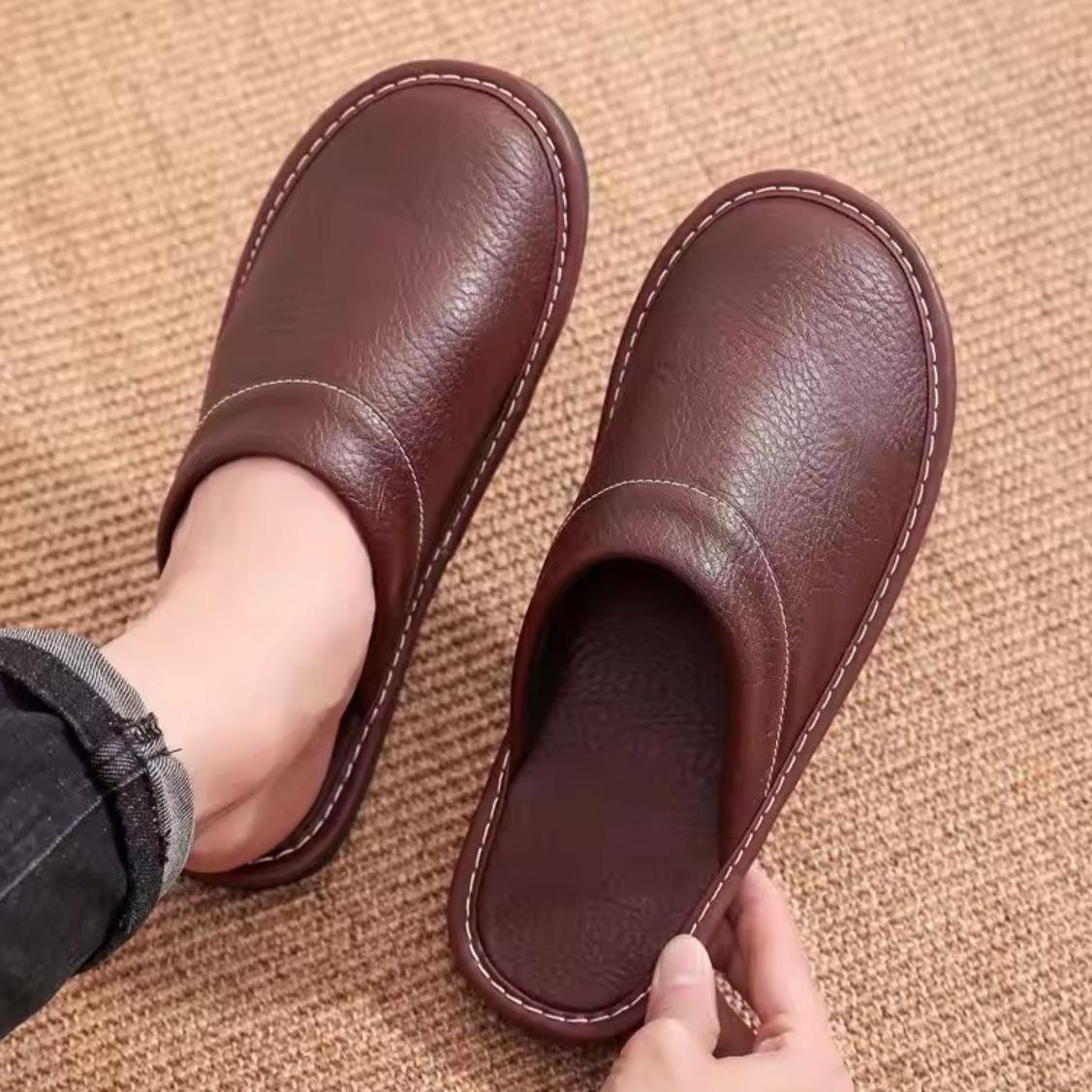 Cushioned Slip-On Slippers for Men Faux Leather Indoor Mules with Padded Footbed for Home Lounging All-Day Comfort | Lonoma