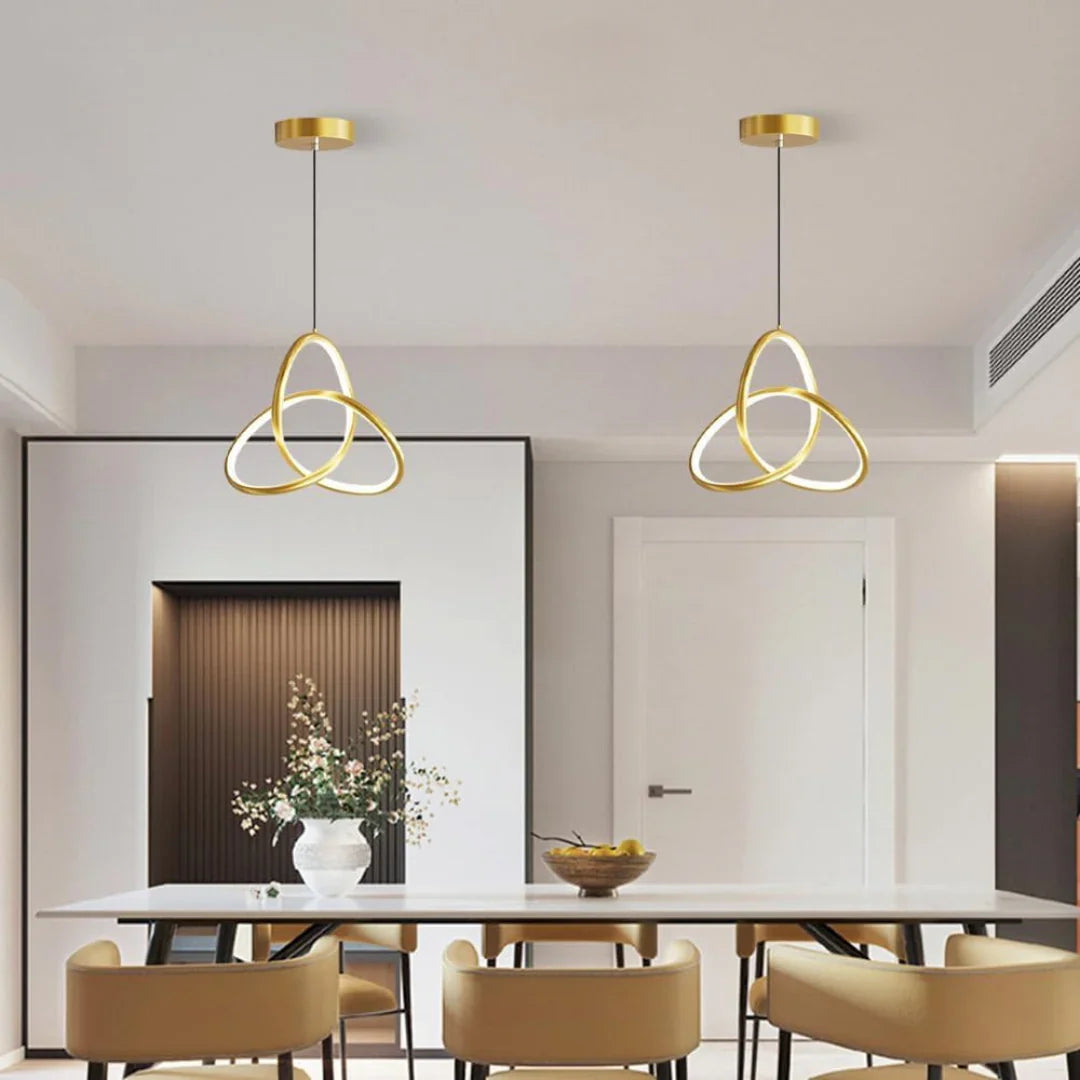 Suspension LED géométrique en aluminium doré 25 cm avec réglage tricolore pour salle à manger et cuisine | Koossa