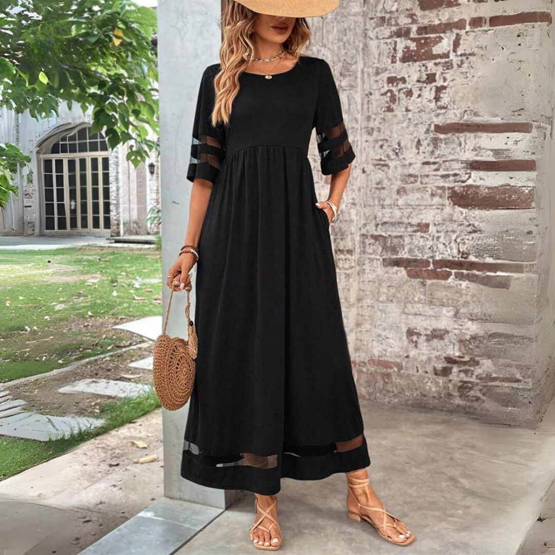 Women's Sheer Sleeve Flowing Maxi Dress in Black, Red & Green | Relaxed Fit A-Line Floor-Length Gown for Special Occasions, Garden Parties & Summer Evenings | Koossa