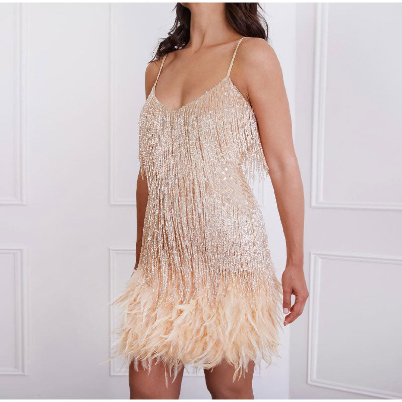 Sequinned Mini Dress with Feather Hem and Fringe Detail | Koossa