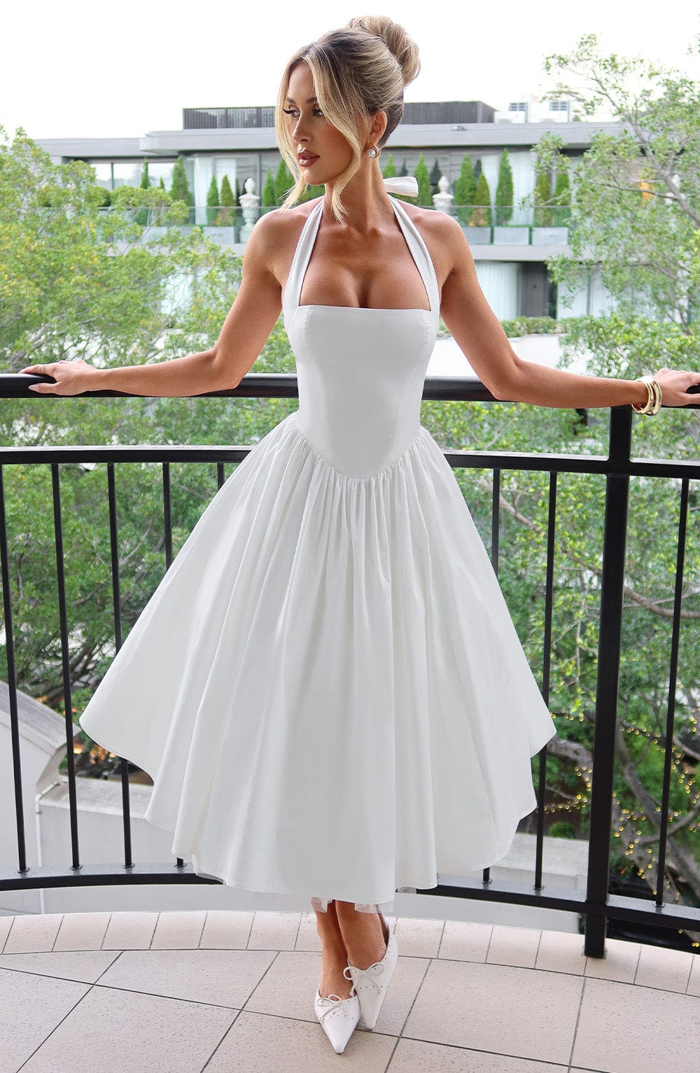 Women's Halter Neck Midi Dress in White and Black – Wedding Guest and Summer Garden Party Occasion Dress | Koossa