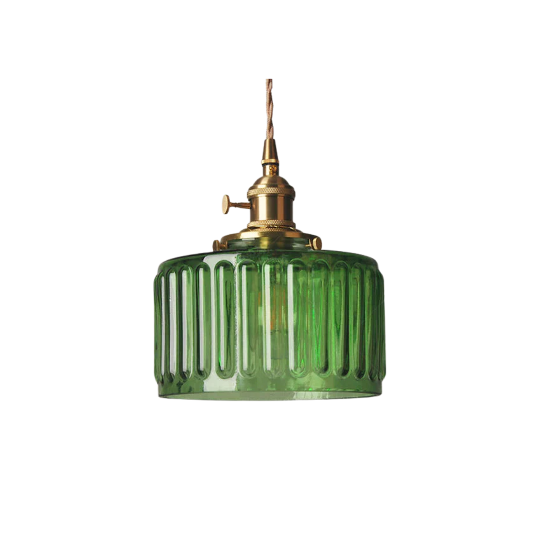 Adjustable Pendant Light with Ribbed Glass Shade, E27 Socket, Green Brass Finish for Kitchen Island, Dining Room & Breakfast Bar | Lonoma