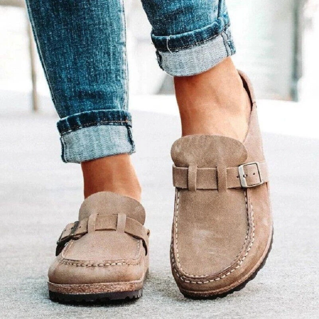 Women's Leather Buckle Loafers Low Heel Slip-On Shoes Black Khaki Green Office Smart Casual Footwear | Koossa