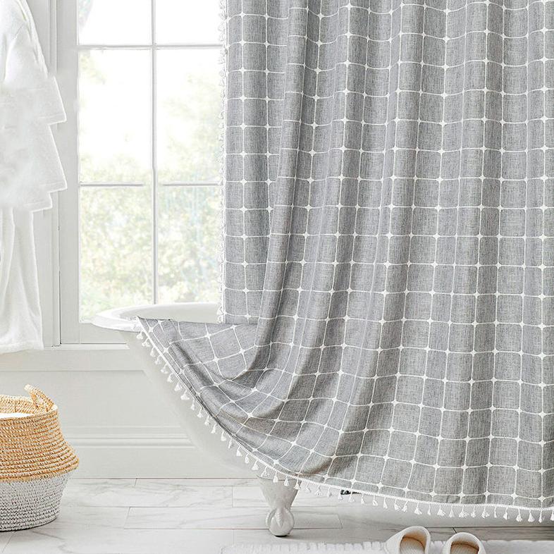 Rideau de Douche en Lin Tissé Imperméable avec Franges Bohème 180×200 cm Salle de Bains Beige à Carreaux | Koossa