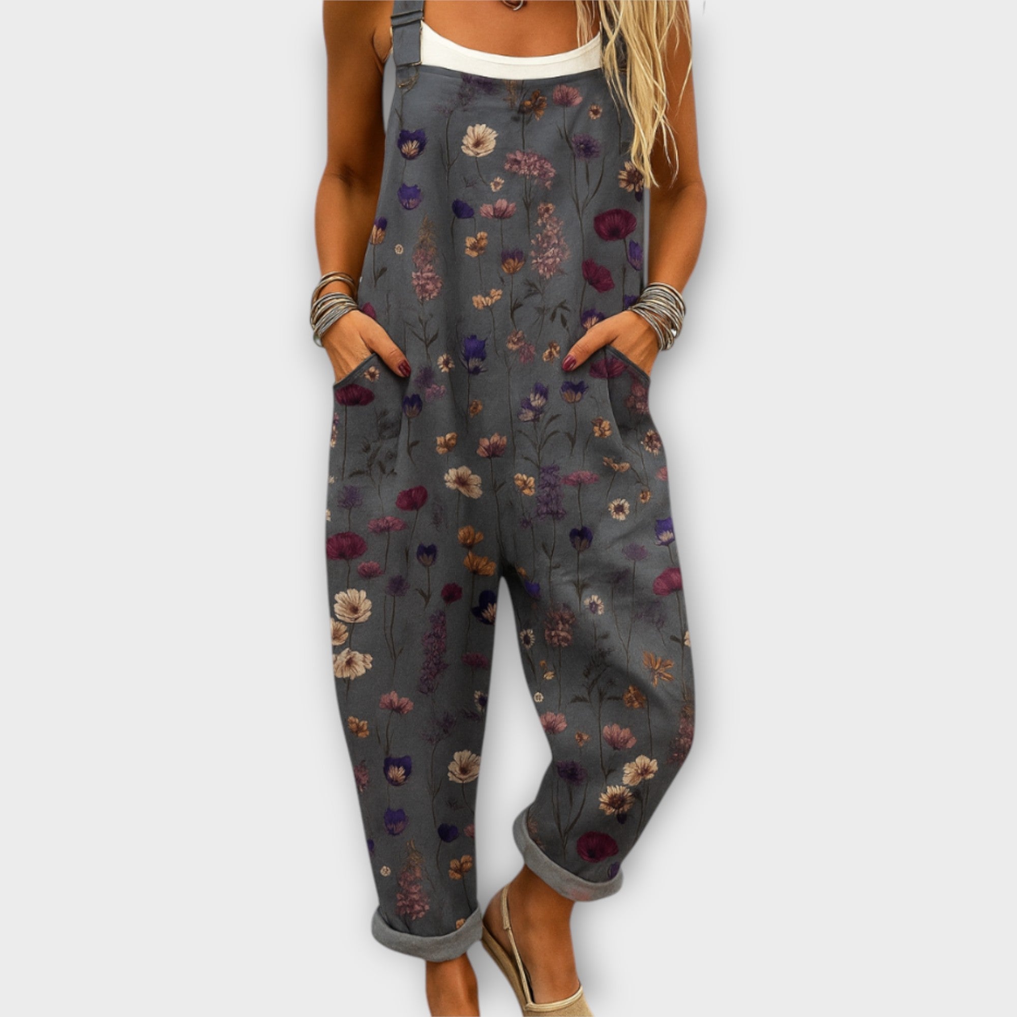 Women's Wide-Leg Floral Jumpsuit with Adjustable Straps – Vintage-Inspired All-In-One for Summer Days, Garden Parties & Weekend Brunches | Koossa