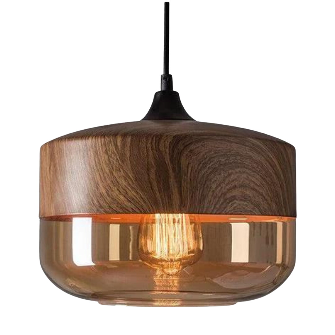 Suspension en Verre Teinté et Métal Effet Bois – Éclairage Ambiance Scandinave Douce pour Salon et Salle à Manger | Koossa