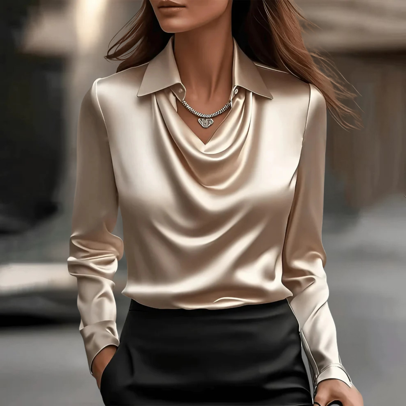 Women's Flowing Satin Blouse with Soft Drape Neckline – Elegant Lightweight Top for Work, Evening Occasions and Effortless Sophistication | Koossa