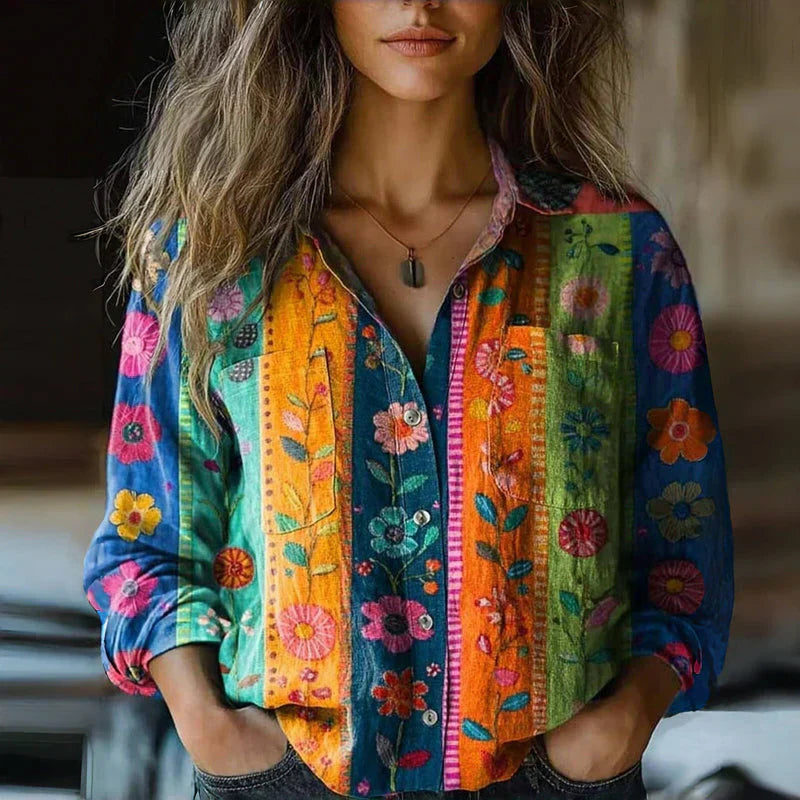 Relaxed Button-Through Blouse with Statement Print in Vibrant Colours for Warm-Weather Styling | Lightweight Long Sleeve Shirt | Koossa
