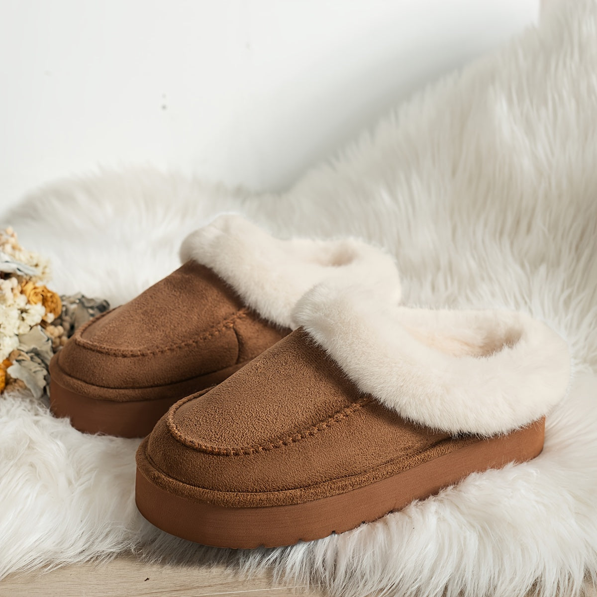 Women's Faux Fur Moccasin Slippers | Warm Indoor Outdoor Footwear in Black Brown Khaki | Cushioned Non-Slip Sole Winter House Shoes | Koossa