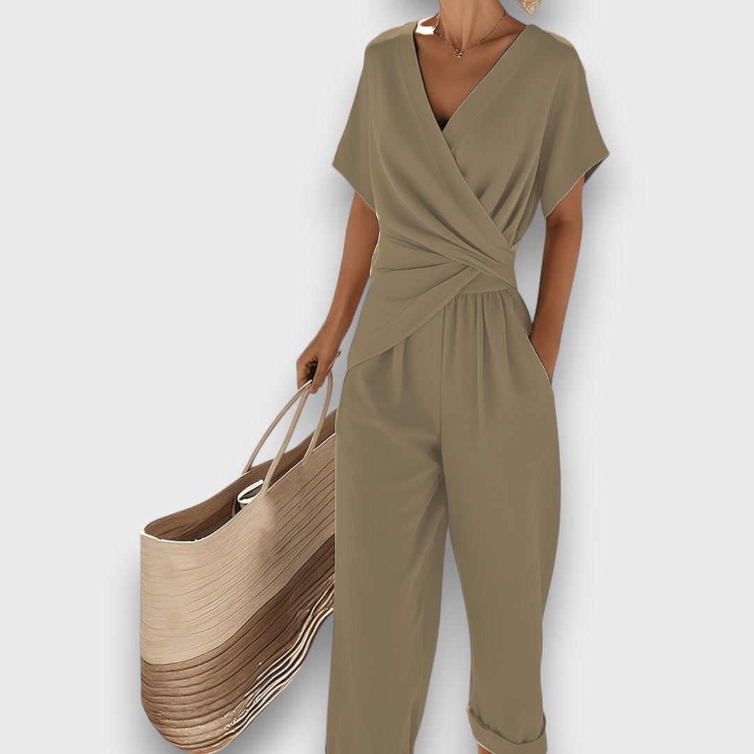 Women's Two-Piece Co-Ord Set with Wrap-Effect Top and Wide-Leg Trousers — Elegant Summer Outfit for Holidays & Garden Parties | Koossa