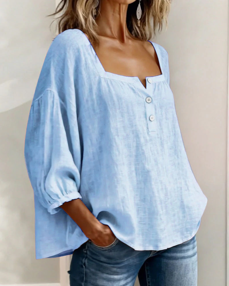Women's Square Neck Puff Sleeve Blouse in Cotton Blend – Classic Feminine Wardrobe Essential for Every Season | Koossa