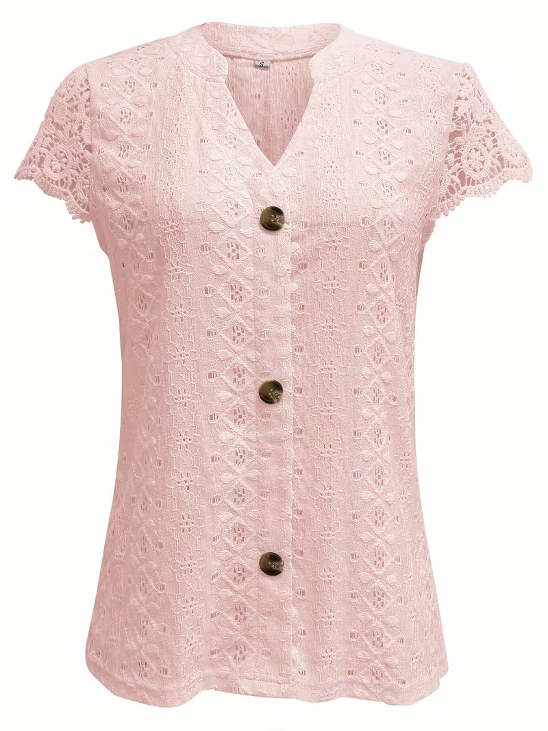 Women's V-Neck Shirt with Lace Detail and Button Accents in White, Pink and Black | Koossa