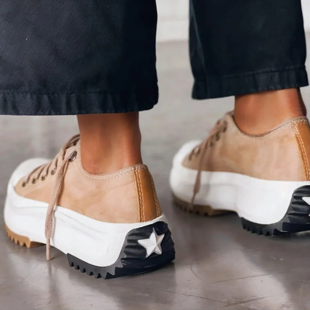 Women's Platform Lace-Up Trainers in Classic Canvas | Effortless Everyday Comfort | Available in Beige White Black | Cushioned Sole Casual Footwear | Koossa