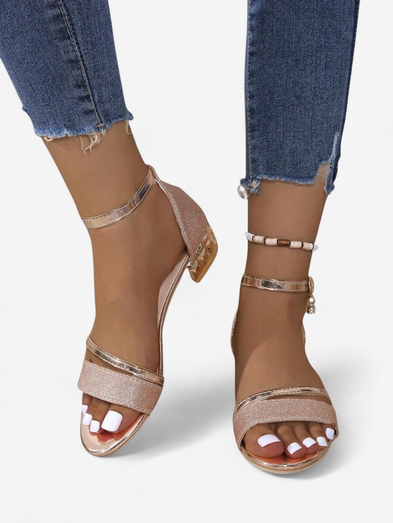 Women's Glittering Block Heel Sandals in Pink, Silver, Black & Gold – Elegant Strappy Evening Sandals with Low Heel for Parties, Weddings & Special Occasions | Koossa