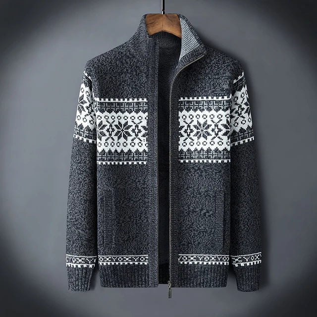 Men's Zip-Up Cardigan with Fair Isle Pattern and Stand Collar for Fall and Winter Layering | Lonoma
