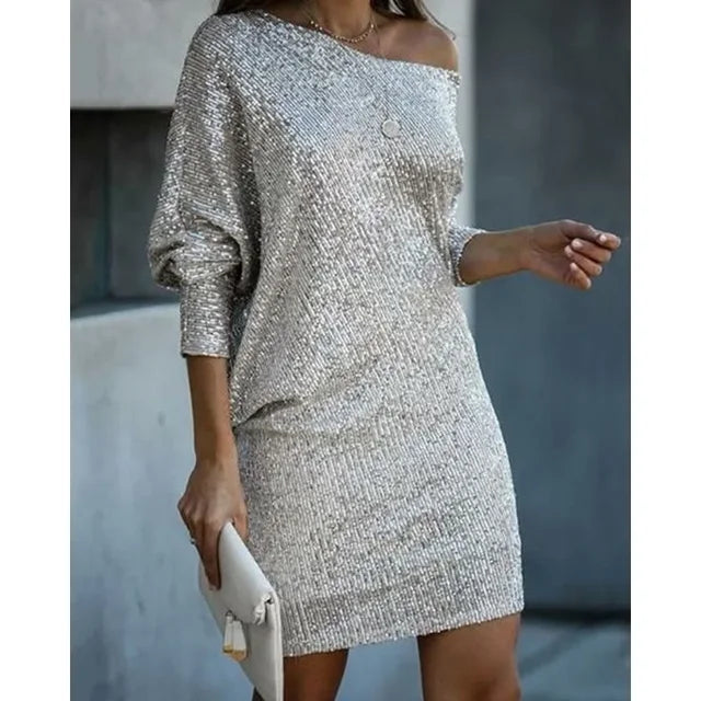 Sequinned Long-Sleeve Mini Dress in Relaxed Silhouette for Evening Occasions | Koossa