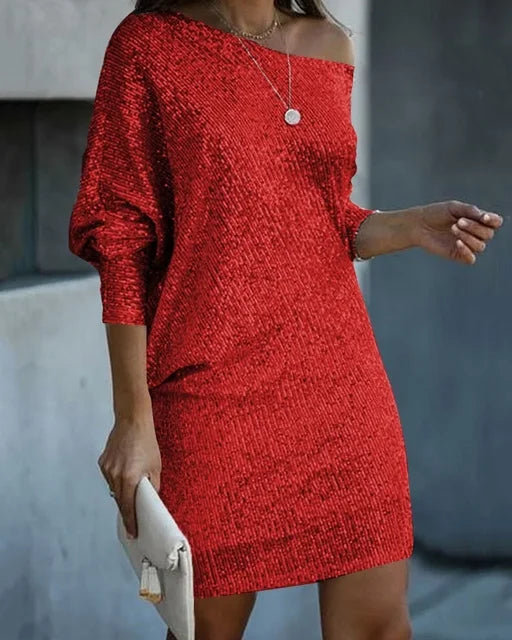 Sequinned Long-Sleeve Mini Dress in Relaxed Silhouette for Evening Occasions | Koossa