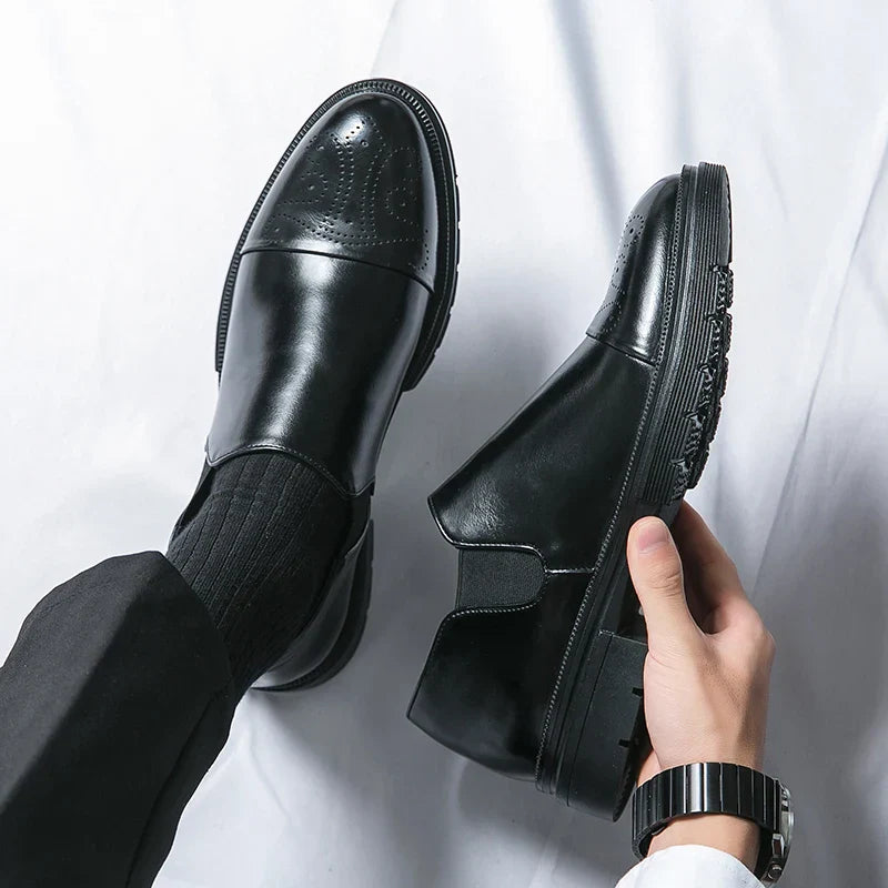 Men's Leather Slip-On Brogues with Cap Toe Detail in Black and Brown | Classic Formal Footwear for Business and Evening Occasions | Elegant Dress Shoes with Elastic Gusset | Koossa