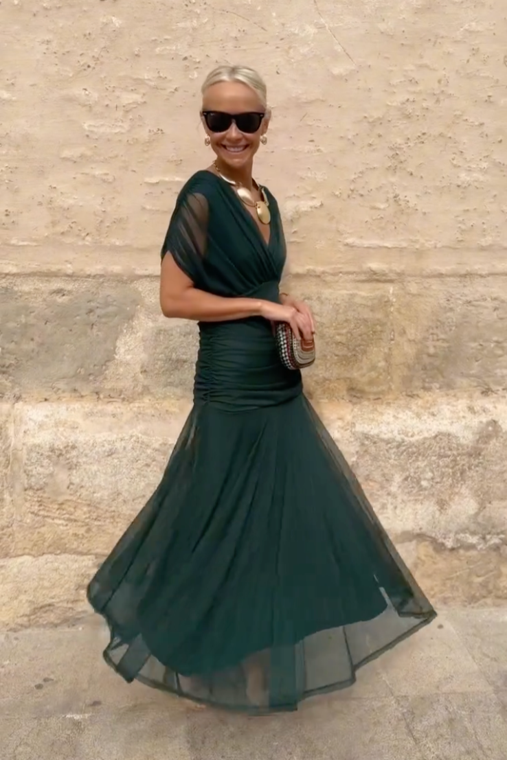 Women's V-Neck Gradient Maxi Dress Emerald Green Multi Colour Pleated Evening Gown Special Occasions Flowing Silhouette Party Formal Occasion Wear | Koossa