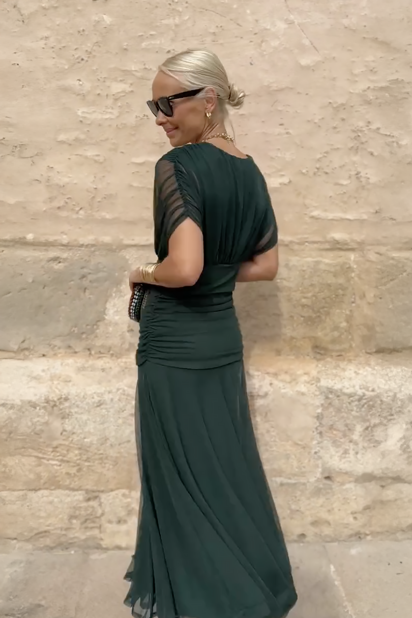 Women's V-Neck Gradient Maxi Dress Emerald Green Multi Colour Pleated Evening Gown Special Occasions Flowing Silhouette Party Formal Occasion Wear | Koossa