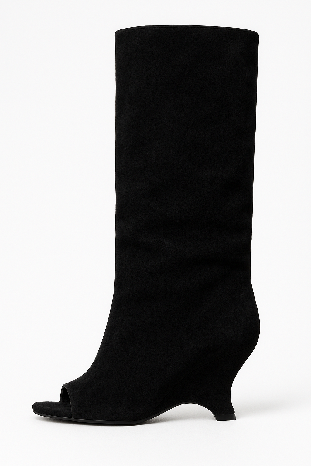Women's Peep Toe Knee High Boots | Sculpted Wedge Heel | Soft Draped Shaft | Architectural Silhouette | Modern Occasion Footwear | Koossa