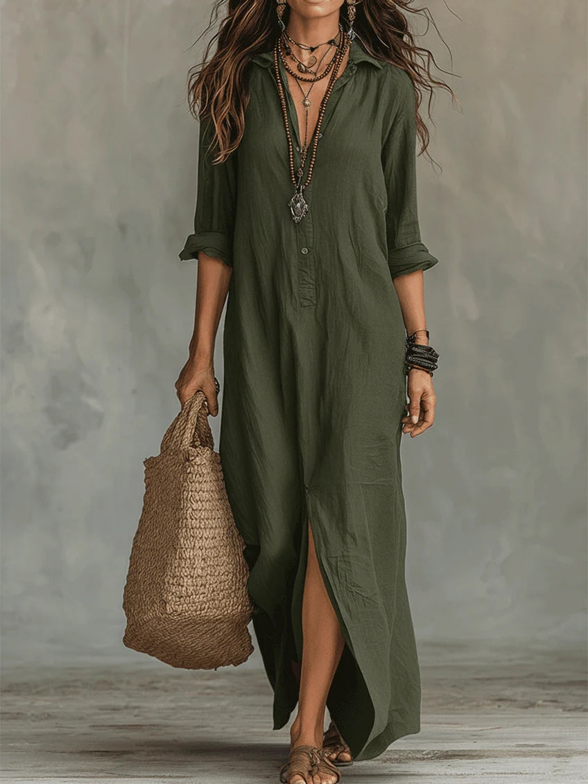 Women's Column Maxi Dress with Flattering Drape in Black, White & Green | Koossa