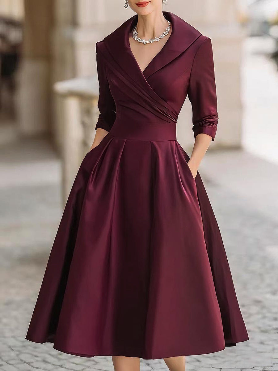 Women's Draped Neckline Midi Dress with A-Line Skirt — Elegant Evening Dress for Weddings & Formal Occasions | Koossa