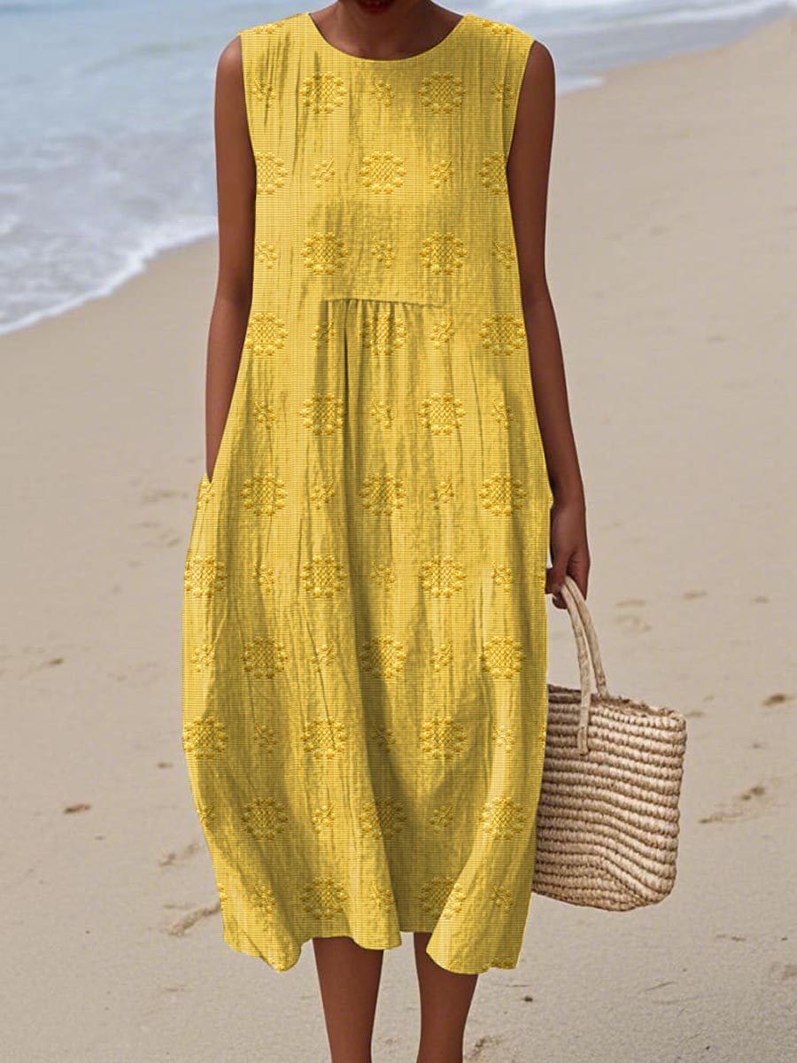 Women's Sleeveless Embroidered Midi Dress with Pockets in Seven Summery Shades | Koossa