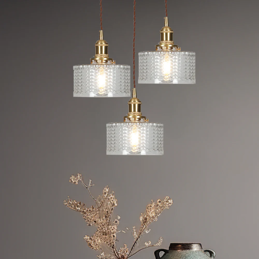 Adjustable Pendant Light with Ribbed Glass Shade, E27 Socket, Green Brass Finish for Kitchen Island, Dining Room & Breakfast Bar | Lonoma