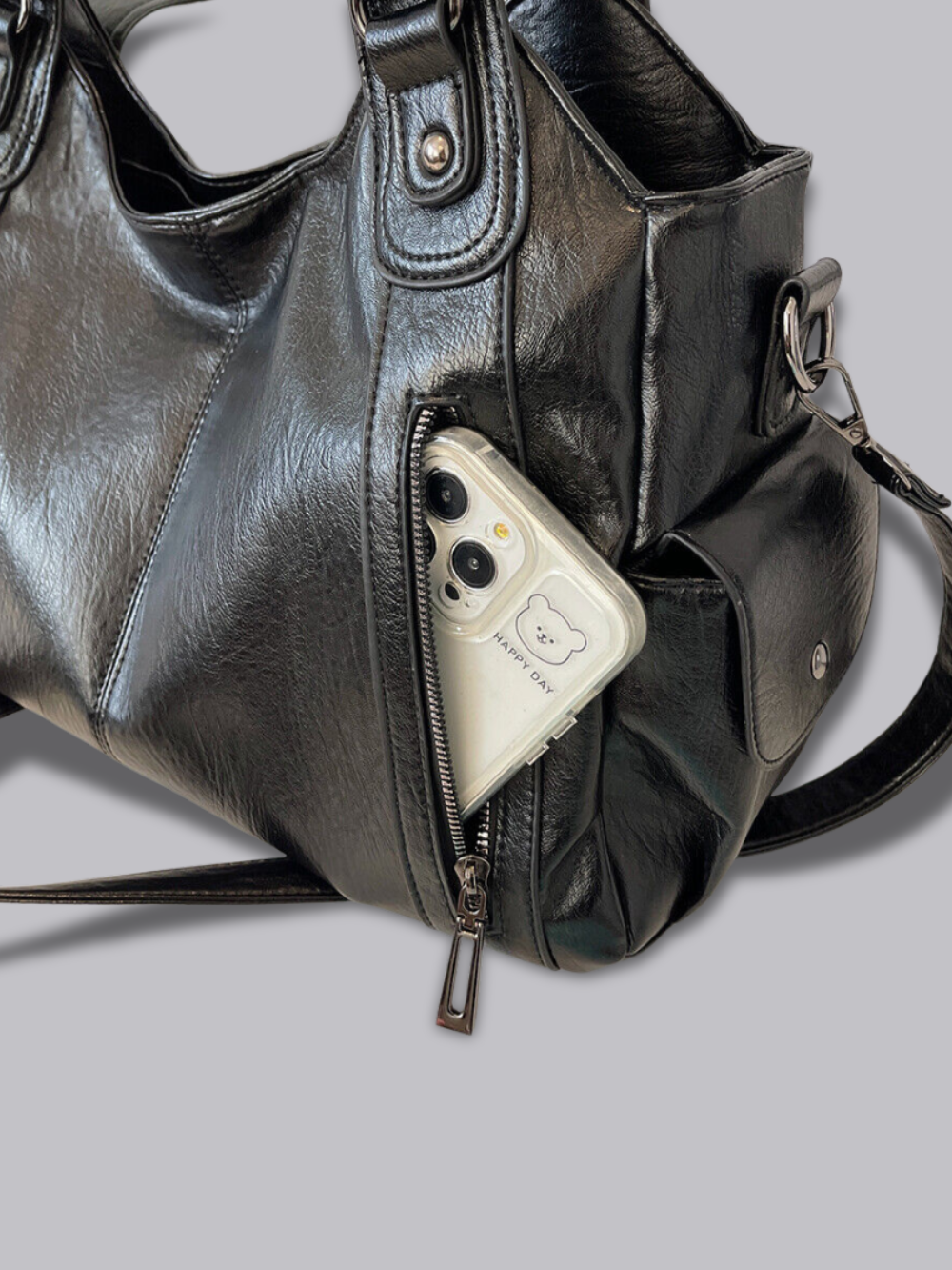 Structured Leather-Look Tote with Detachable Crossbody Strap in Black for Work and Weekend | Koossa