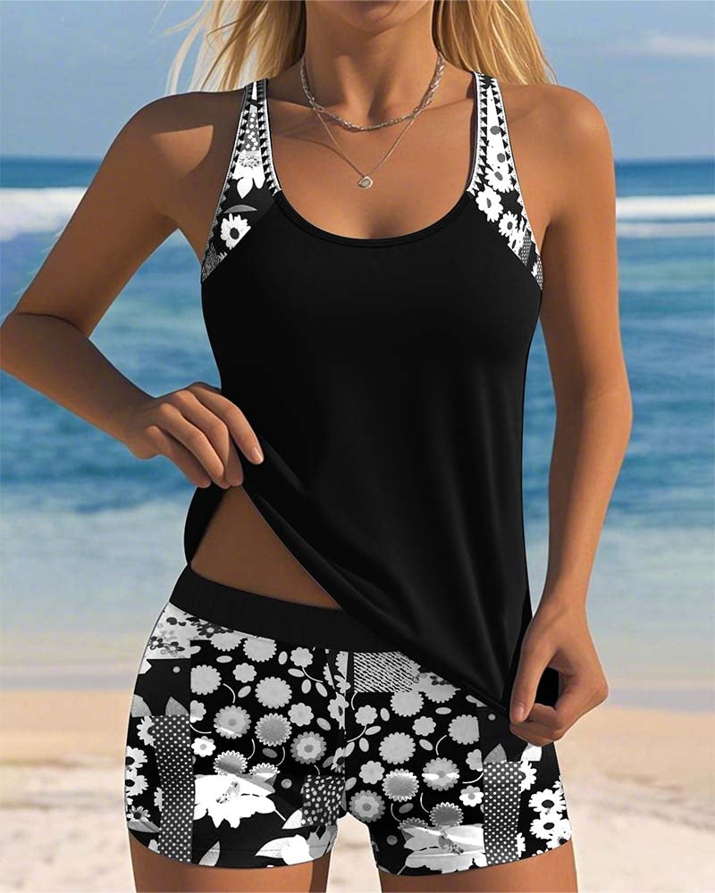 Women's Printed Tankini Set with Shorts in Purple, Black, Pink & Blue – Flattering Sporty Swimwear for Summer Holidays, Beach Walks & Poolside Lounging | Koossa