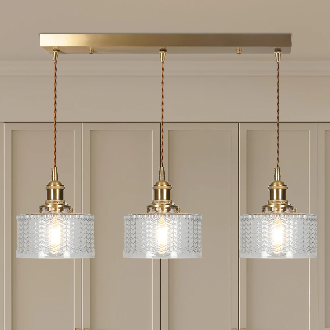 Adjustable Pendant Light with Ribbed Glass Shade, E27 Socket, Green Brass Finish for Kitchen Island, Dining Room & Breakfast Bar | Lonoma